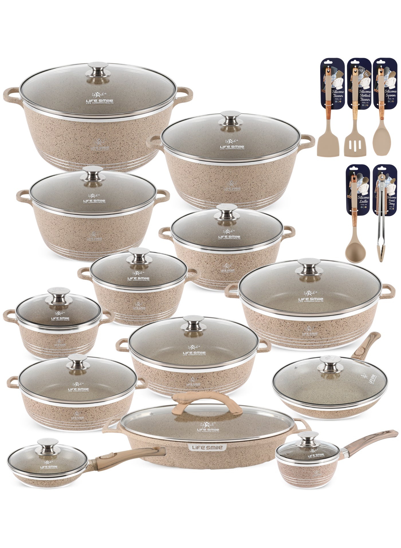 31pcs Nonstick Granite Cookware Set – Premium Non Stick Cookwares, Kitchen Cooking Pots & Soup Pots | Pots & Pans Set | Casseroles (20/24/28/32/36/40cm) with Lids, 24/32/36/40cm Shallow Pots,1.3L Sauce Pan,Frying Pans (20/28cm) & Silicone Kitchen Spoons