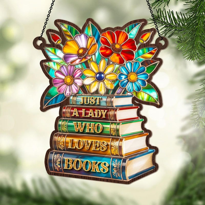 Jesuspirit - Window Hanging Suncatcher – Crystal Clear Acrylic & Wood Sun Catcher for Home Decor, for Women (Just A Lady Who Loves Books, 6 Inches) - Image 3