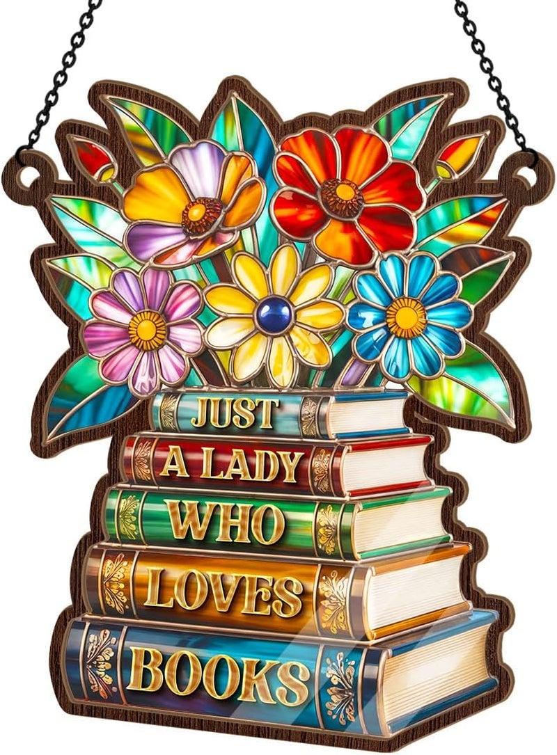 Jesuspirit - Window Hanging Suncatcher – Crystal Clear Acrylic & Wood Sun Catcher for Home Decor, for Women (Just A Lady Who Loves Books, 6 Inches) - Image 1