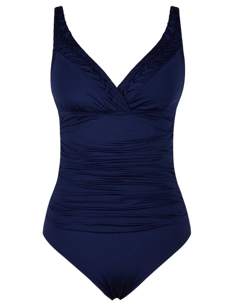 Hilor Women's One Piece Swimsuits Pin Tucked Surplice Swimwear Tummy Control Bathing Suit Monokinis Navy 12 - Image 3