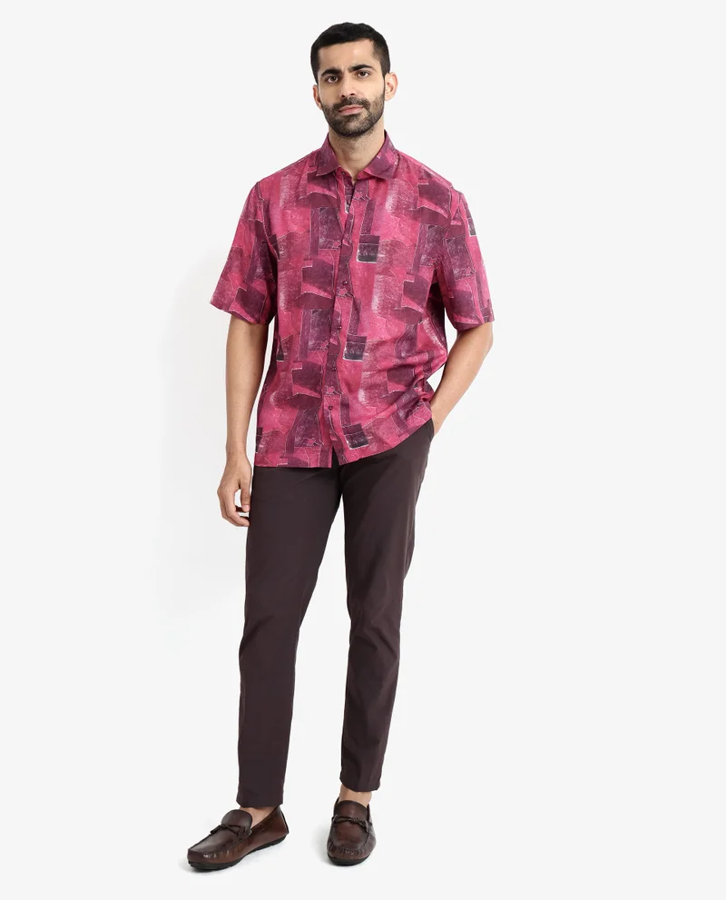 Rare Rabbit Rare Rabbit Men's Sheat Maroon Viscose Fabric Short Sleeve Regular Fit Abstract Print Shirt