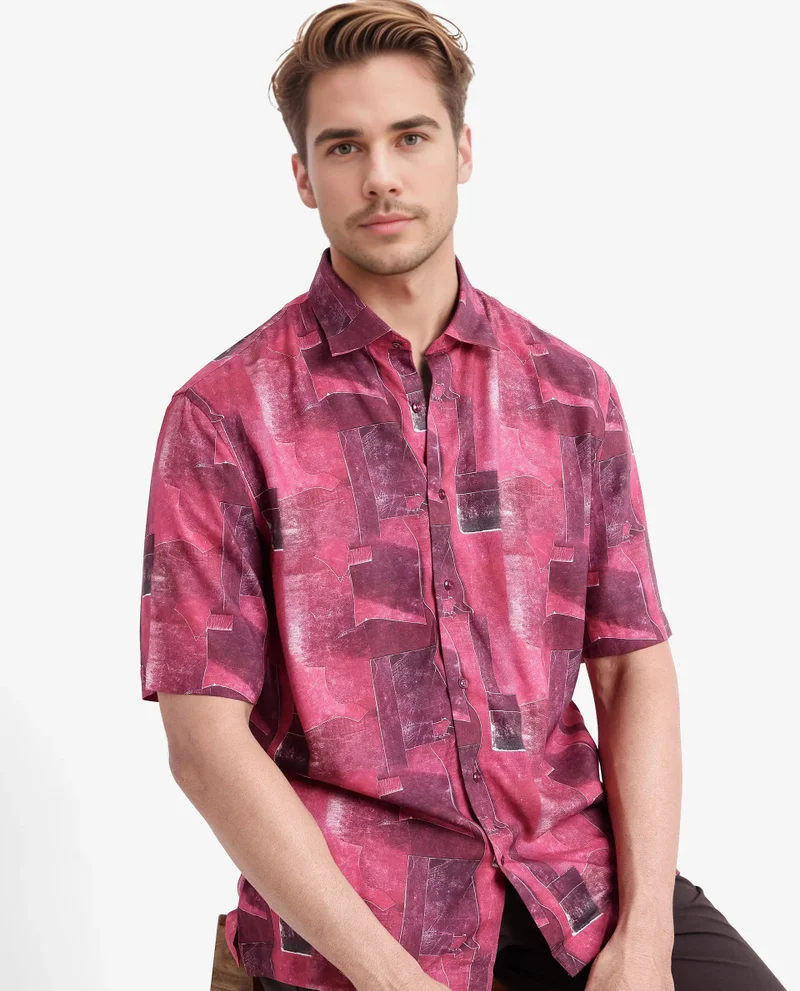 Rare Rabbit Rare Rabbit Men's Sheat Maroon Viscose Fabric Short Sleeve Regular Fit Abstract Print Shirt