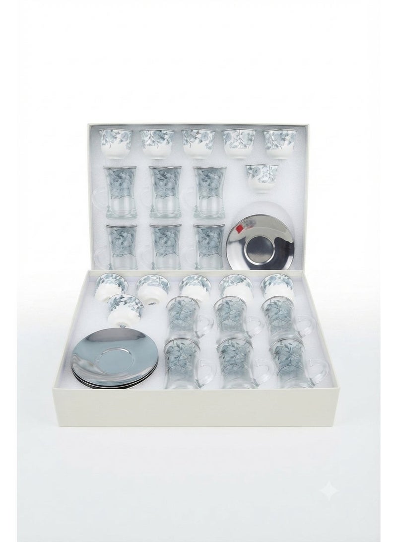 *24-Piece Glass Tea Cups & Ceramic Coffee Cups Set with Stainless Steel Saucers* - Image 4