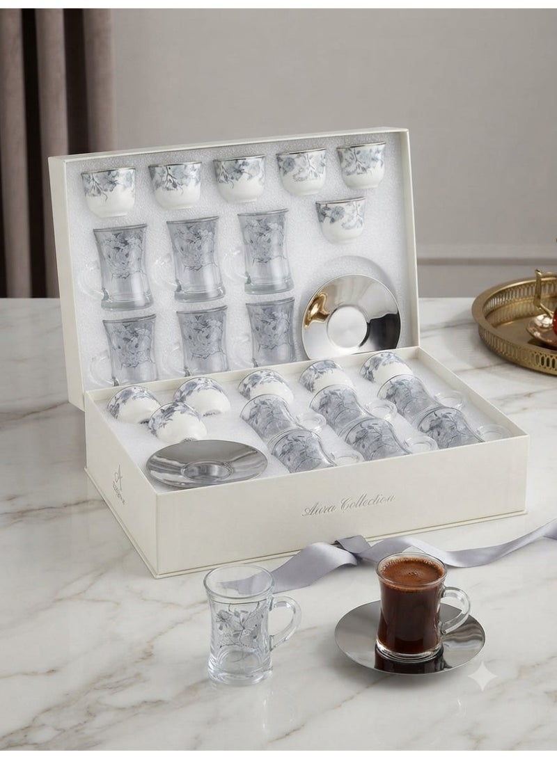 *24-Piece Glass Tea Cups & Ceramic Coffee Cups Set with Stainless Steel Saucers* - Image 1