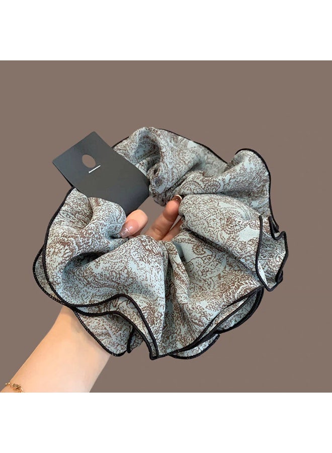 2 Pack Lake Blue Vintage Floral Ruffled Chiffon Scrunchies with Black Trim for Women - Image 2