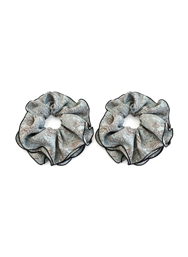 2 Pack Lake Blue Vintage Floral Ruffled Chiffon Scrunchies with Black Trim for Women - Image 1
