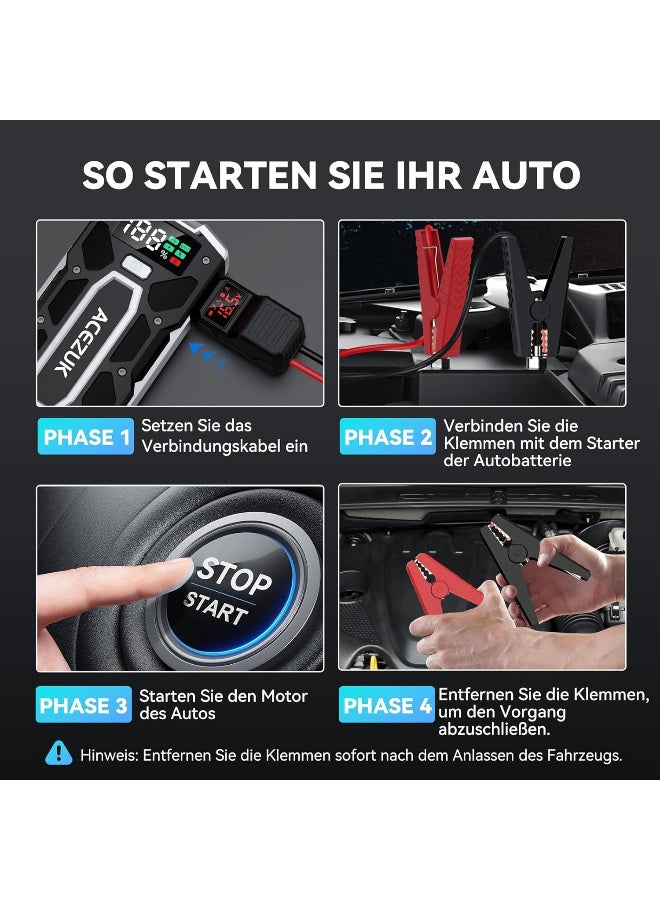 ACEZUK 7000 A Jump Starter Power Bank (حتى 10.0 لتر بنزين و8.0 لتر ديزل) جهاز بدء تشغيل السيارة مع مصباح LED وشاشة كبيرة وشاشة Jumper ومعزز بطارية السيارة لسيارات الدفع الرباعي والدراجات النارية وجزازة العشب - Image 4