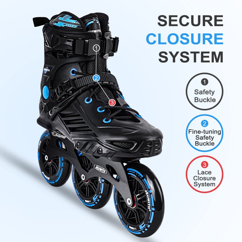 JEUWITH Inline Skates, 3 Wheels 110mm Roller Skates Blades for Adult Women Men, Professional Outdoor Fitness Inline Speed Skates for Unisex (Black & Blue) - Image 3