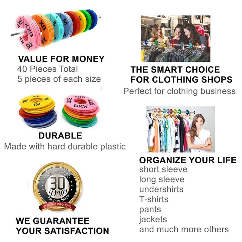 GIDABRAND Clothes Size Dividers | 40 Pieces 8 Colors XXS-XXXL | Ultimate Clothing Rack Dividers | Round Clothes Rack Clothes Hangers, Commercial Clothing Racks, Clothing Shops by GIDABRAND - Image 2