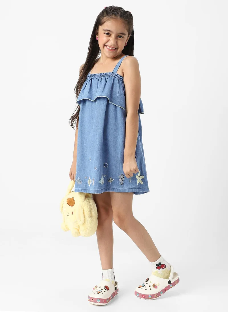 Nautinati Nautinati Girls’ Embroidered Strap Sleeve Denim Dress