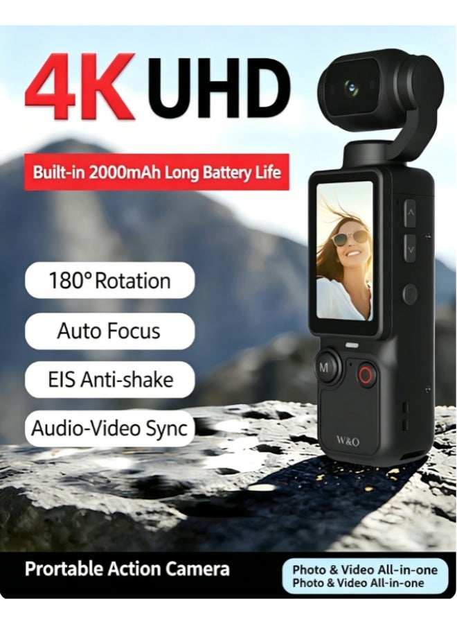 W&O Black Pocket Handheld Camera 4K UHD Anti-Shake Camcorder for Vlogging & Sports - Image 1