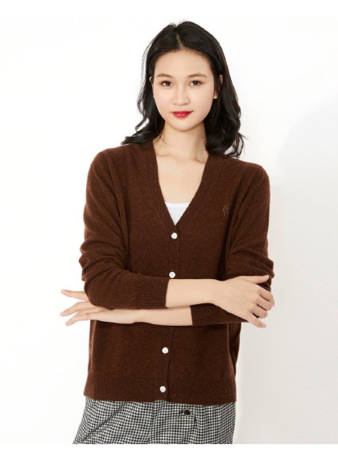 Hengyuanxiang Solid Color Rhinestone Pure Wool V-Neck Knitted Cardigan Warm Wool Cardigan Coat - Image 1