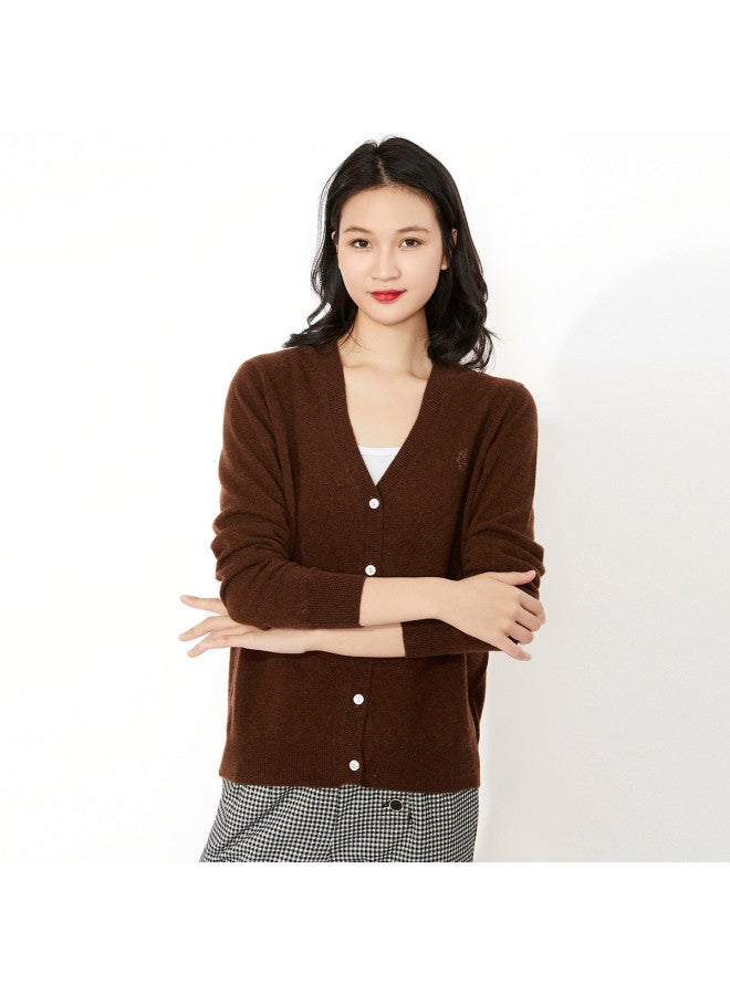 Hengyuanxiang Solid Color Rhinestone Pure Wool V-Neck Knitted Cardigan Warm Wool Cardigan Coat - Image 2