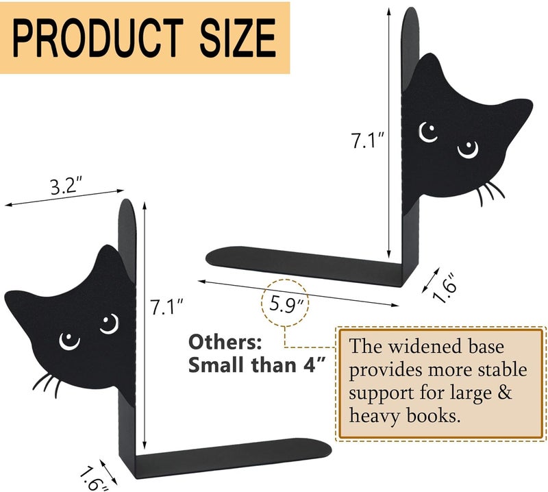 TYLCC Bookends Metal Cat Book Ends, 1 Pairs Cute Bookends for Shelves Decorative for Home Office Desk Bookshelf Decor (Black, Full-face) - Image 4