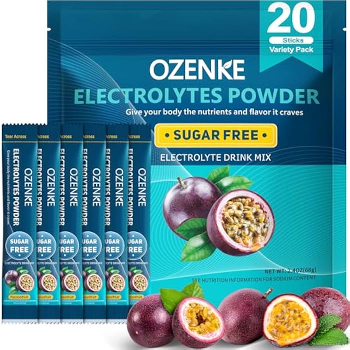 OZENKE Electrolytes Powder Packets, Electrolytes Sugar Free, Hydration Packets, Portable Electrolyte Drink Mix for Rapid Hydration, No Sugar & Low Sodium | 0 Calorie | Passion Fruit Flavor | 20 Sticks - Image 1