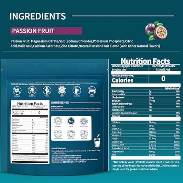 OZENKE Electrolytes Powder Packets, Electrolytes Sugar Free, Hydration Packets, Portable Electrolyte Drink Mix for Rapid Hydration, No Sugar & Low Sodium | 0 Calorie | Passion Fruit Flavor | 20 Sticks - Image 2