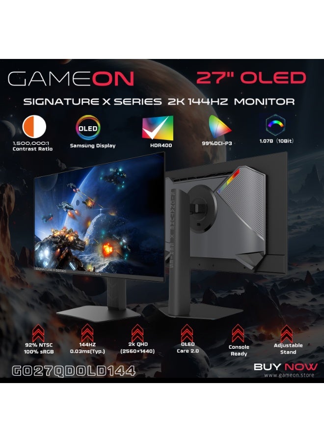 GAMEON Signature X 27 inch OLED QHD Gaming Monitor, 144Hz, 0.03ms, 2560x1440, HDR400, 1.07B Colors, sRGB, HDMI 2.1, DisplayPort, FreeSync VRR, Ultra Thin Bezel, Console Ready - Black, GO27QDOLD144 - Image 2