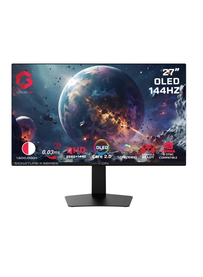GAMEON Signature X 27 inch OLED QHD Gaming Monitor, 144Hz, 0.03ms, 2560x1440, HDR400, 1.07B Colors, sRGB, HDMI 2.1, DisplayPort, FreeSync VRR, Ultra Thin Bezel, Console Ready - Black, GO27QDOLD144 - Image 1