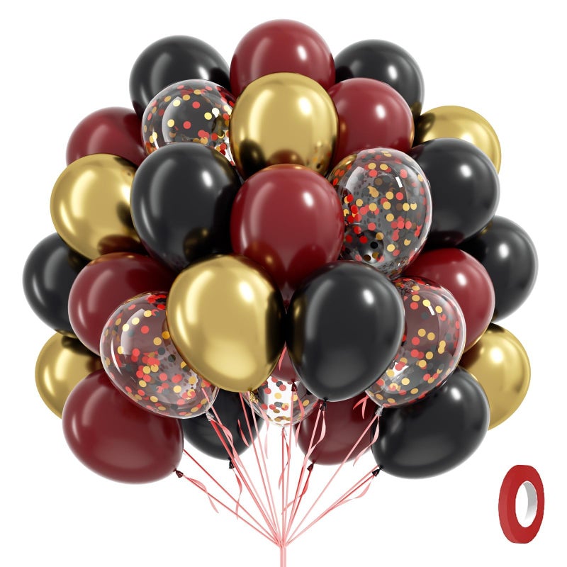 awenztech 60pcs 12inch Black Burgundy and Gold Balloons, with Gold Red Black Confetti Balloons for Maroon Themed Birthday Baby Shower Graduation Party Decorations - Image 1