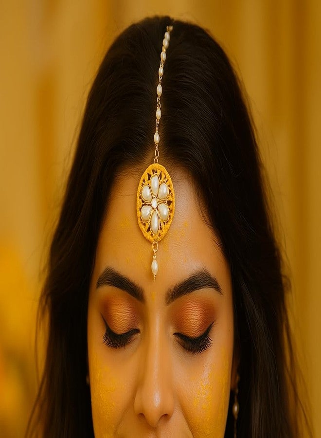 DaSync SYNC Maang Tikka لحفلات هالدي الزفاف التقليدية هالدي العروس Mehendi زواج اللؤلؤ زهرة Maang Tikka Tika مجموعة احتفالية مصنوعة يدويًا لحفل استقبال المولود الجديد لؤلؤ مستدير - Image 3