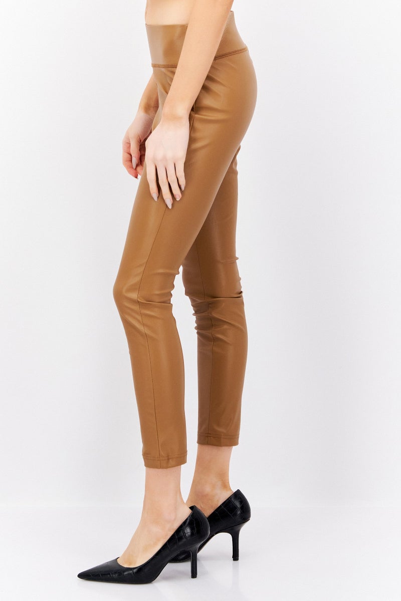INC Women Petite Plain Faux Leather Skinny Pant, Brown - Image 2