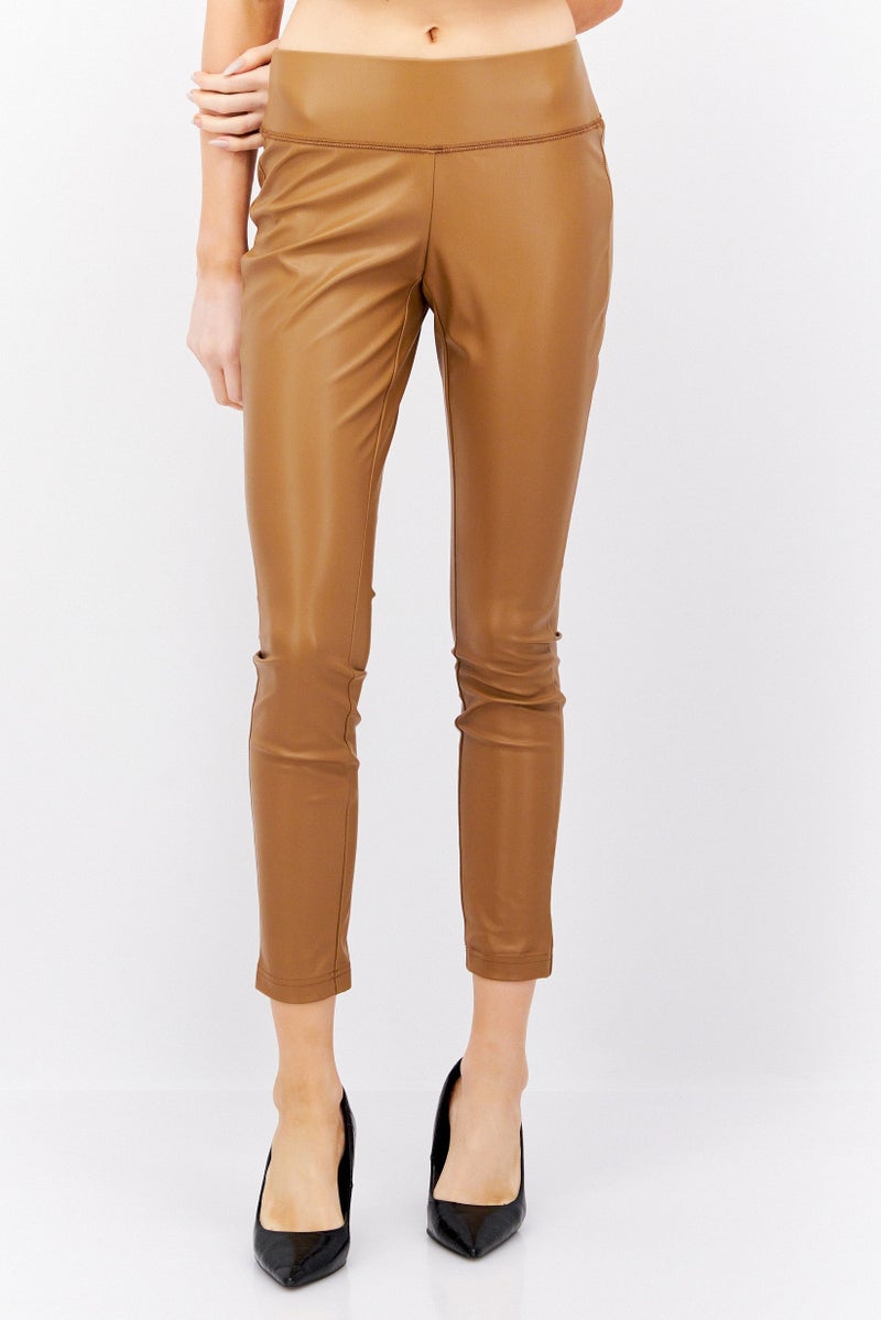 INC Women Petite Plain Faux Leather Skinny Pant, Brown - Image 1