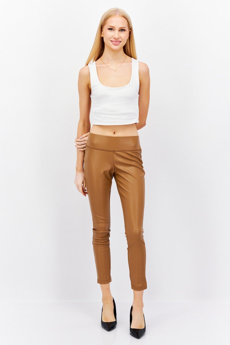 INC Women Petite Plain Faux Leather Skinny Pant, Brown - Image 4