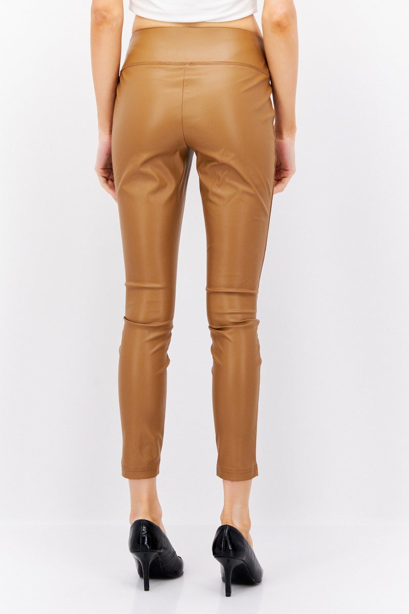 INC Women Petite Plain Faux Leather Skinny Pant, Brown - Image 3
