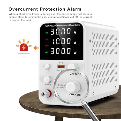 NANKADF DC Power Supply Variable, Bench Power Supply with Encoder Adjustment Knob, Output Enable/Disable Button, Adjustable Power Supply with USB Quick-Charge, Short Circuit Alam (30V 10A White) - Image 4