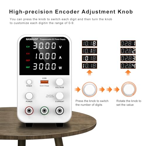 NANKADF DC Power Supply Variable, Bench Power Supply with Encoder Adjustment Knob, Output Enable/Disable Button, Adjustable Power Supply with USB Quick-Charge, Short Circuit Alam (30V 10A White) - Image 2