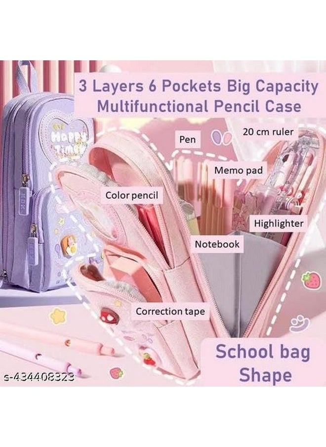 Prime Deals PRIME DEALS Canvas Premium Pencil Case Hang able 6 Layer with 3 Compartment Cute Aesthetic Pencil Case for Girls Large Capacity Pencil Pouch for Kids Cute Stationary Gift for Kids (Pink)  - Image 3