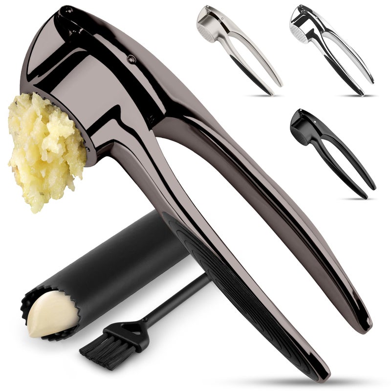 Zulay Kitchen Premium Garlic Press Set â€“ Rust Proof & Dishwasher Safe Garlic Mincer Tool with Silicone Garlic Peeler & Brush, Easy Squeeze & Clean, Ergonomic Soft Grip Handle - Medium â€“ Dark Gray - Image 1
