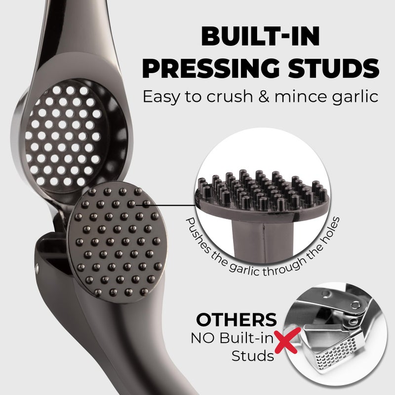 Zulay Kitchen Premium Garlic Press Set â€“ Rust Proof & Dishwasher Safe Garlic Mincer Tool with Silicone Garlic Peeler & Brush, Easy Squeeze & Clean, Ergonomic Soft Grip Handle - Medium â€“ Dark Gray - Image 3