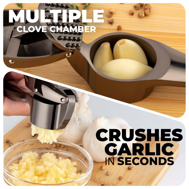 Zulay Kitchen Premium Garlic Press Set â€“ Rust Proof & Dishwasher Safe Garlic Mincer Tool with Silicone Garlic Peeler & Brush, Easy Squeeze & Clean, Ergonomic Soft Grip Handle - Medium â€“ Dark Gray - Image 4