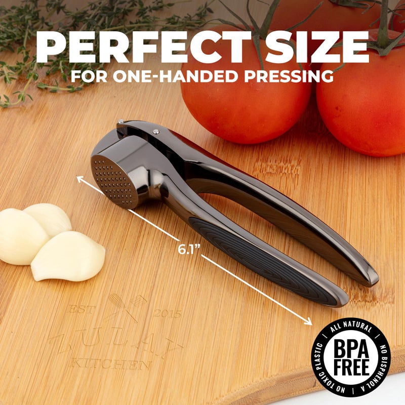 Zulay Kitchen Premium Garlic Press Set â€“ Rust Proof & Dishwasher Safe Garlic Mincer Tool with Silicone Garlic Peeler & Brush, Easy Squeeze & Clean, Ergonomic Soft Grip Handle - Medium â€“ Dark Gray - Image 2