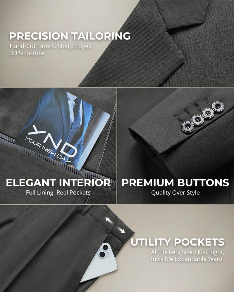 YND Men's 2 Piece Suit with Tie, One Button Slim Fit Solid Jacket and Pants Set, Suits for Men Prom Party Wedding & Business, Deep Grey - Image 4