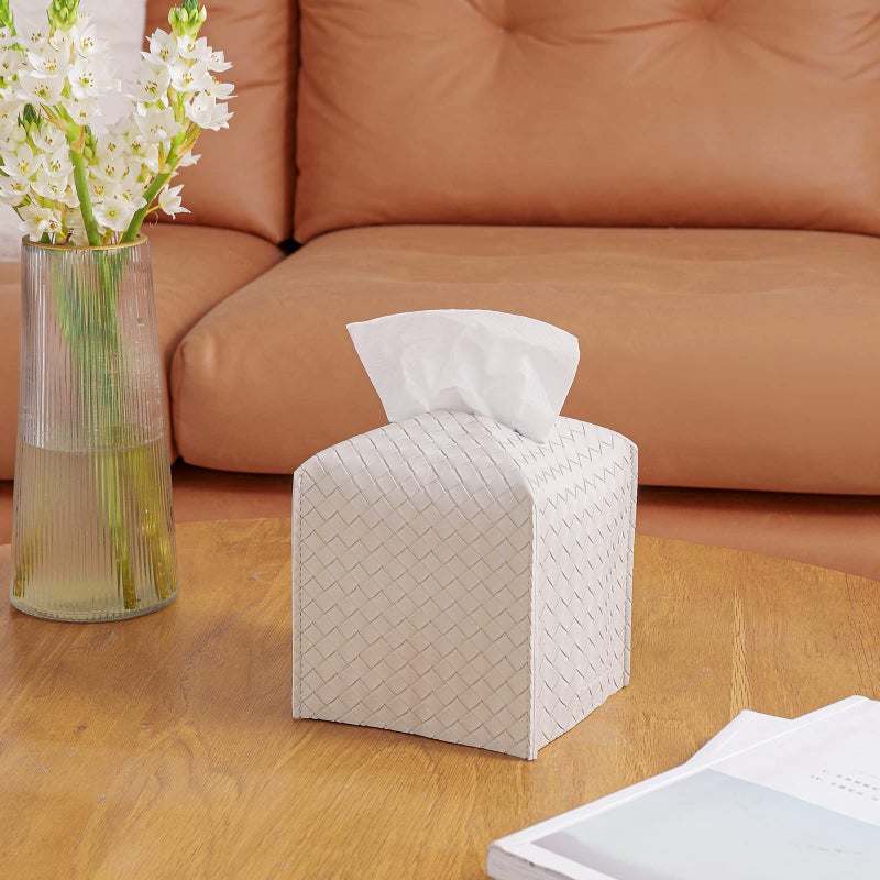 zoocatia Tissue Box Cover PU Leather Tissue Holder Square Facial Tissue Case Facial Paper Organizer Dispenser for Bathroom, Vanity Countertop, Tabletop, Car, White - Image 2