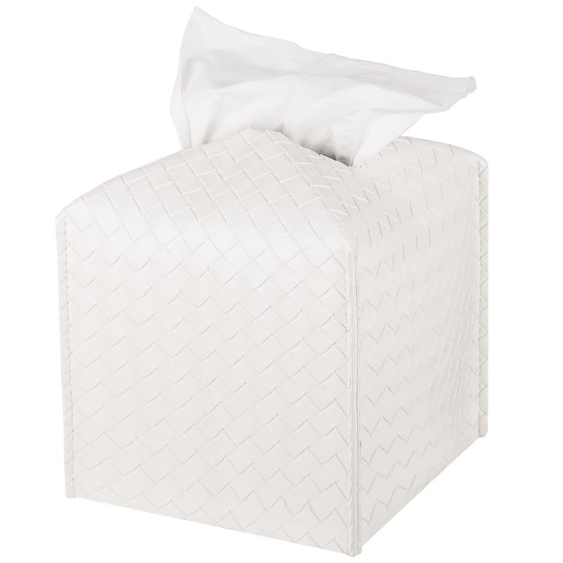 zoocatia Tissue Box Cover PU Leather Tissue Holder Square Facial Tissue Case Facial Paper Organizer Dispenser for Bathroom, Vanity Countertop, Tabletop, Car, White - Image 1