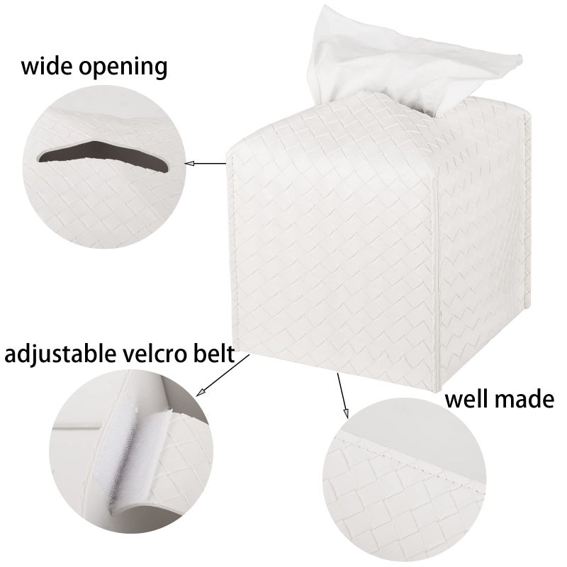 zoocatia Tissue Box Cover PU Leather Tissue Holder Square Facial Tissue Case Facial Paper Organizer Dispenser for Bathroom, Vanity Countertop, Tabletop, Car, White - Image 5