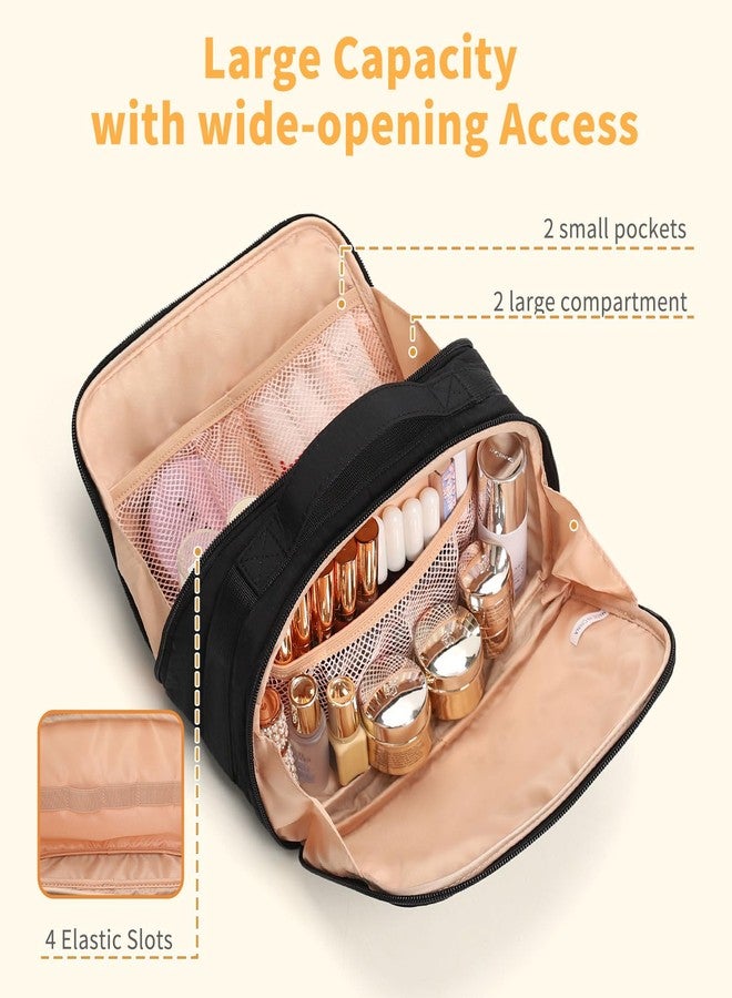 OCHEAL Travel Makeup Bag - Wide Open Flat Cosmetic Bag Organizer with Handle Portable Lightweight Toiletry Bag for Women's Girls Essentials Skincare Accessories-Black - Image 4