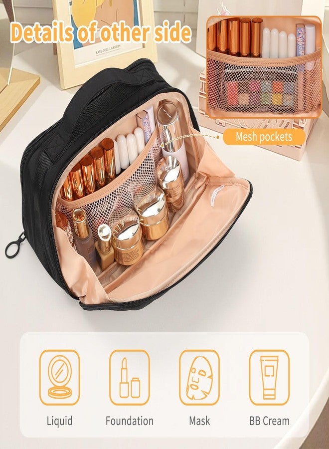 OCHEAL Travel Makeup Bag - Wide Open Flat Cosmetic Bag Organizer with Handle Portable Lightweight Toiletry Bag for Women's Girls Essentials Skincare Accessories-Black - Image 3