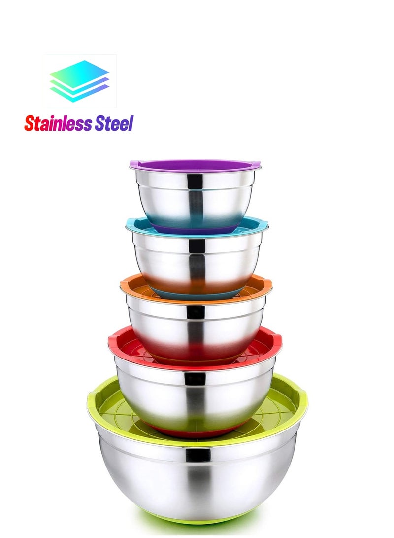 DubaiGallery طقم وعاء خلط مع أغطية، أوعية ستانلس ستيل مع قياس وقاعدة سيليكون، قابلة للتكديس - Image 1