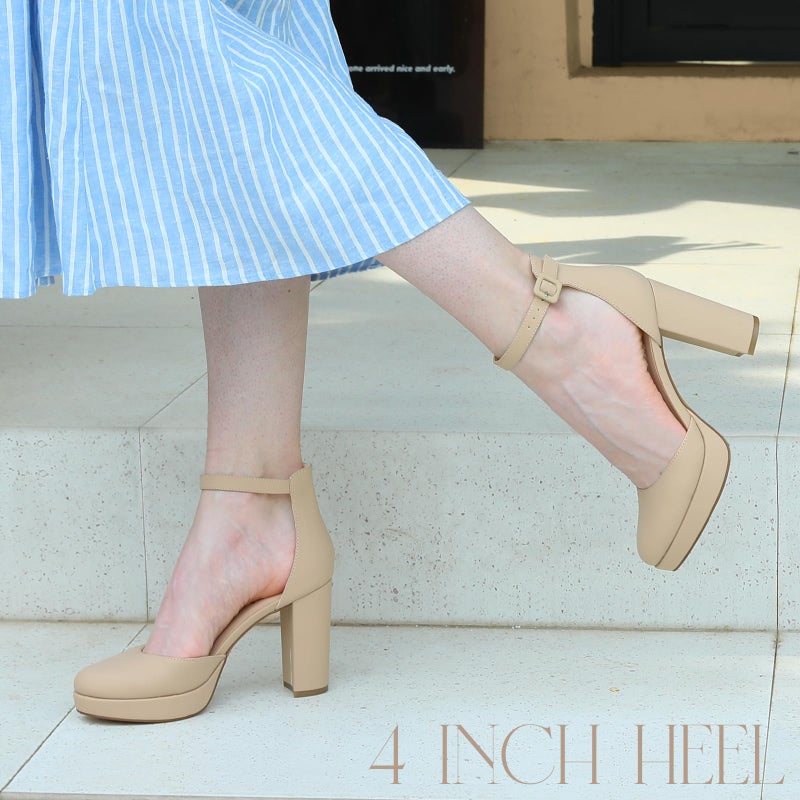 Ankis Nude Platform Closed Toe Heels for Women, Womens Heels Closed Round Toe Chunky Block Pumps Shoes, 4 Inch - Image 2