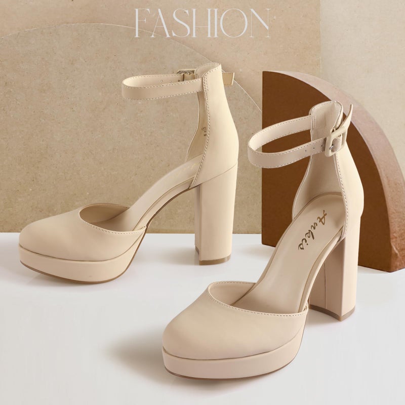 Ankis Nude Platform Closed Toe Heels for Women, Womens Heels Closed Round Toe Chunky Block Pumps Shoes, 4 Inch - Image 5