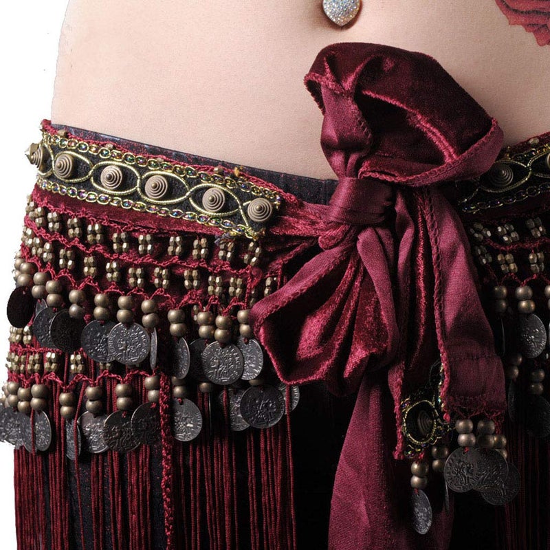 Wuchieal Belly Dance Tribe National Style Belt Tassel Hip Scarfs Velvet Waist Large, Rose Red - Image 3