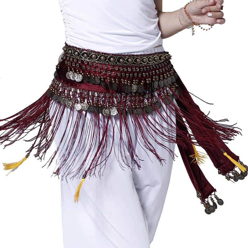 Wuchieal Belly Dance Tribe National Style Belt Tassel Hip Scarfs Velvet Waist Large, Rose Red - Image 2