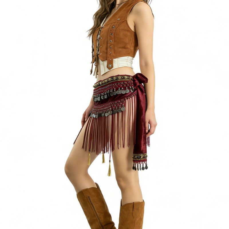 Wuchieal Belly Dance Tribe National Style Belt Tassel Hip Scarfs Velvet Waist Large, Rose Red - Image 5