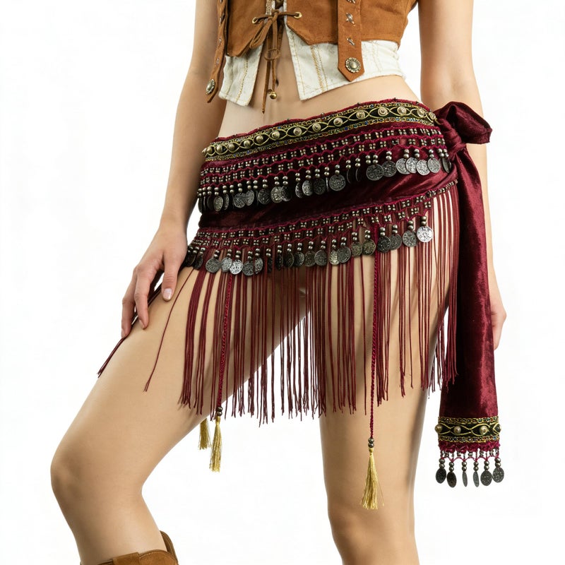 Wuchieal Belly Dance Tribe National Style Belt Tassel Hip Scarfs Velvet Waist Large, Rose Red - Image 1