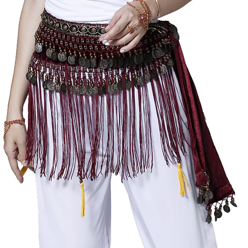 Wuchieal Belly Dance Tribe National Style Belt Tassel Hip Scarfs Velvet Waist Large, Rose Red - Image 4