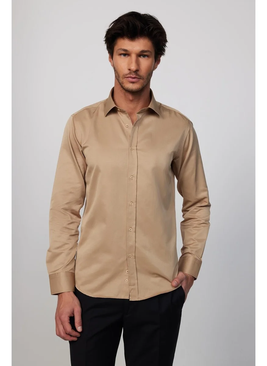 Tudors Modern Slim Fit Plain Satin Cotton Men's Cream Grey Shirt